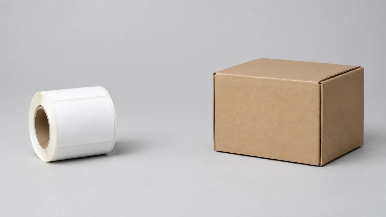Cuộn tem trắng và hộp carton đặt cách xa nhau trên nền xám