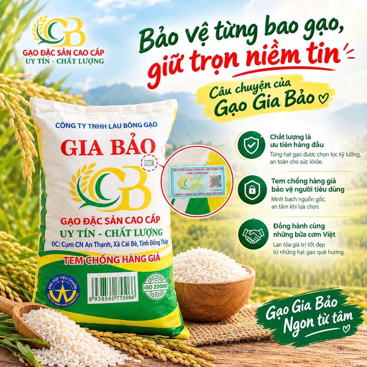 Gạo Gia Bảo sử dụng tem chống giả Bộ Công an cùng QR Code biến đổi kết hợp lớp phủ cào trên tem giúp người tiêu dùng chủ động thực hiện xác thực sản phẩm bằng điện thoại.