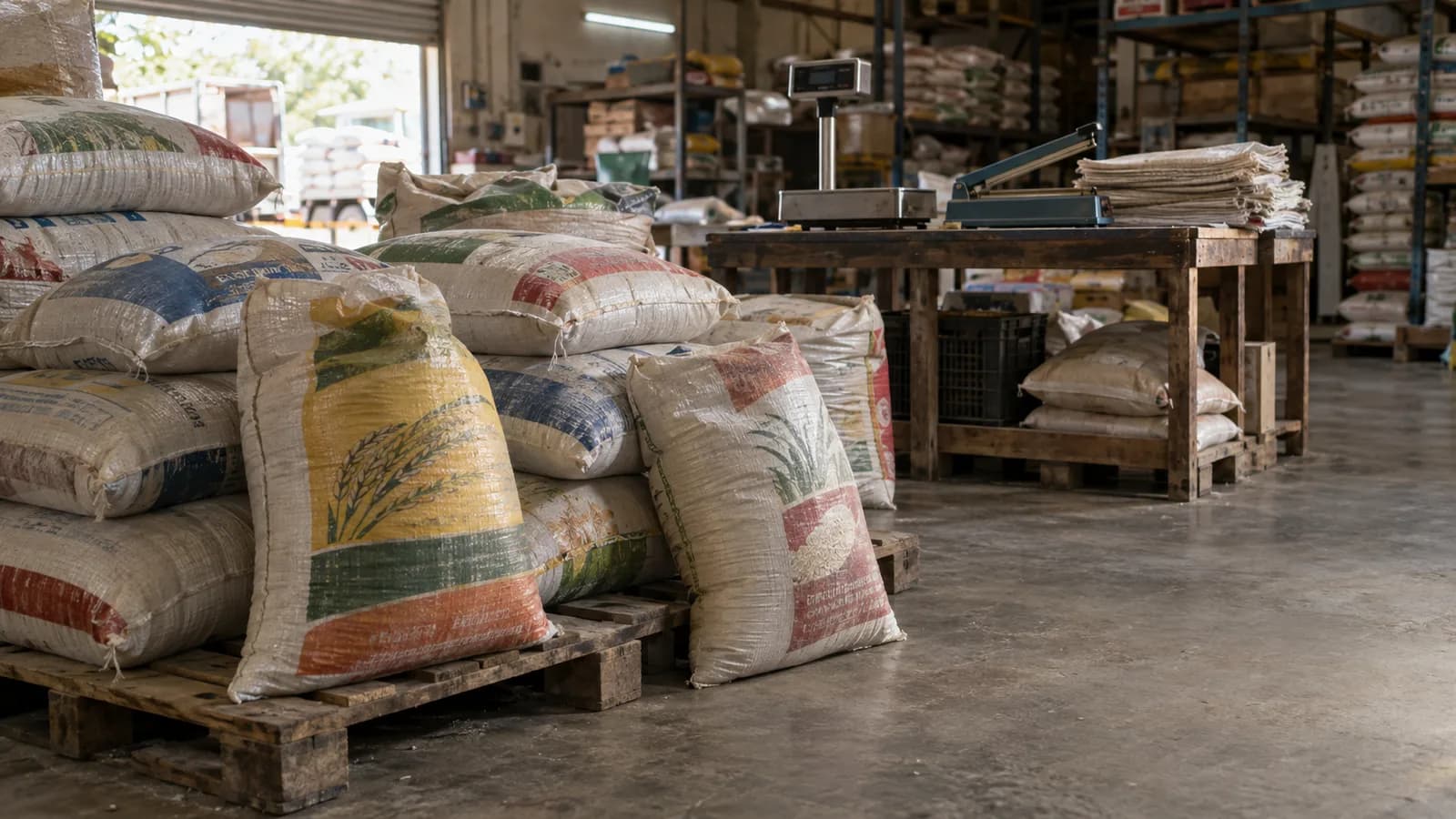 Bao gạo xếp chồng trong kho đóng gói với cân và bao bì rỗng