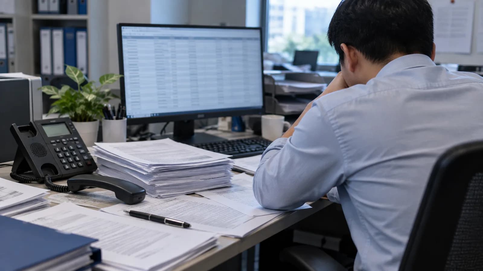 Người làm việc bên bàn có điện thoại nhấc máy và chồng tài liệu dày