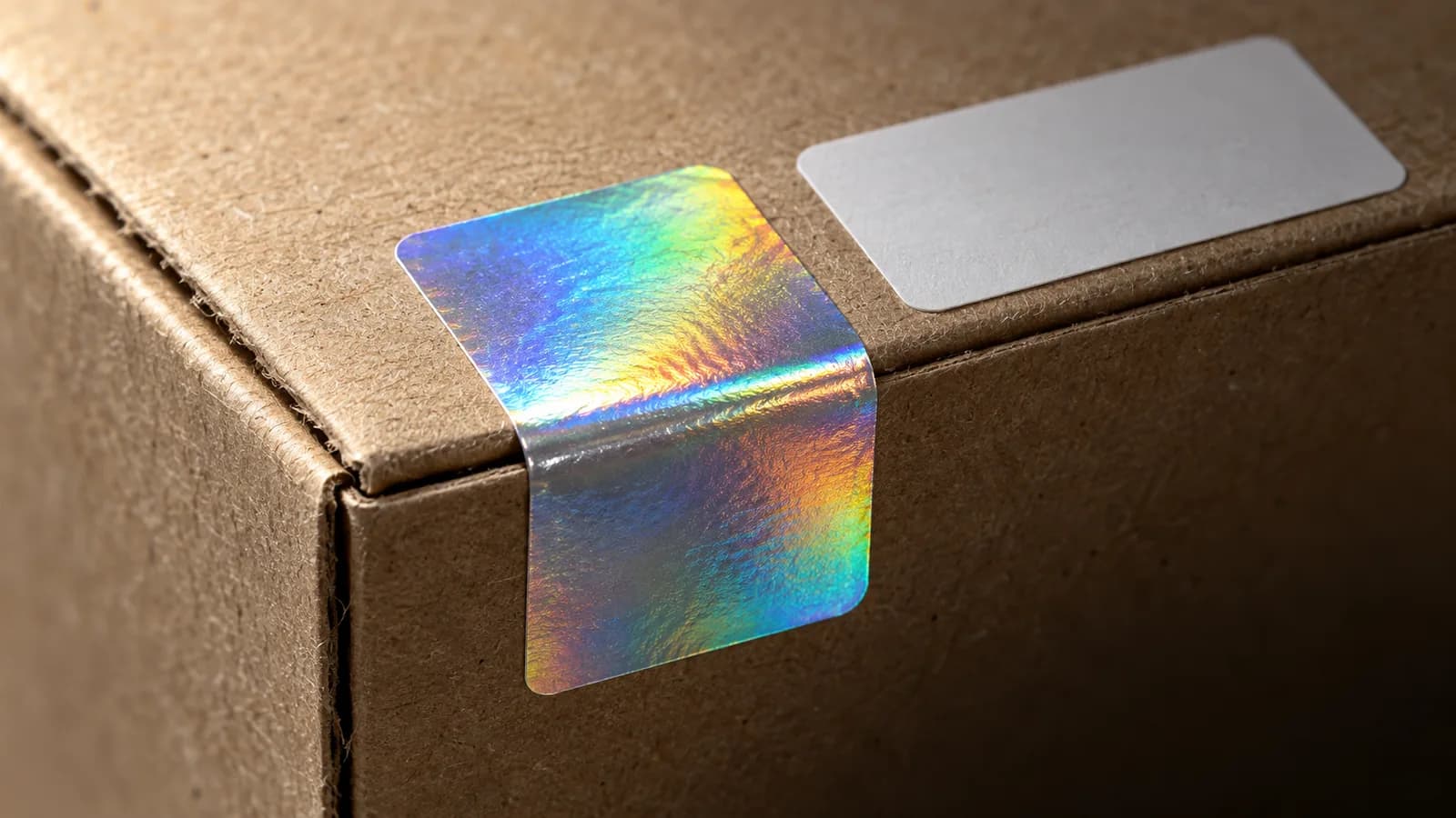Tem hologram và ô nhãn trống trên góc hộp carton