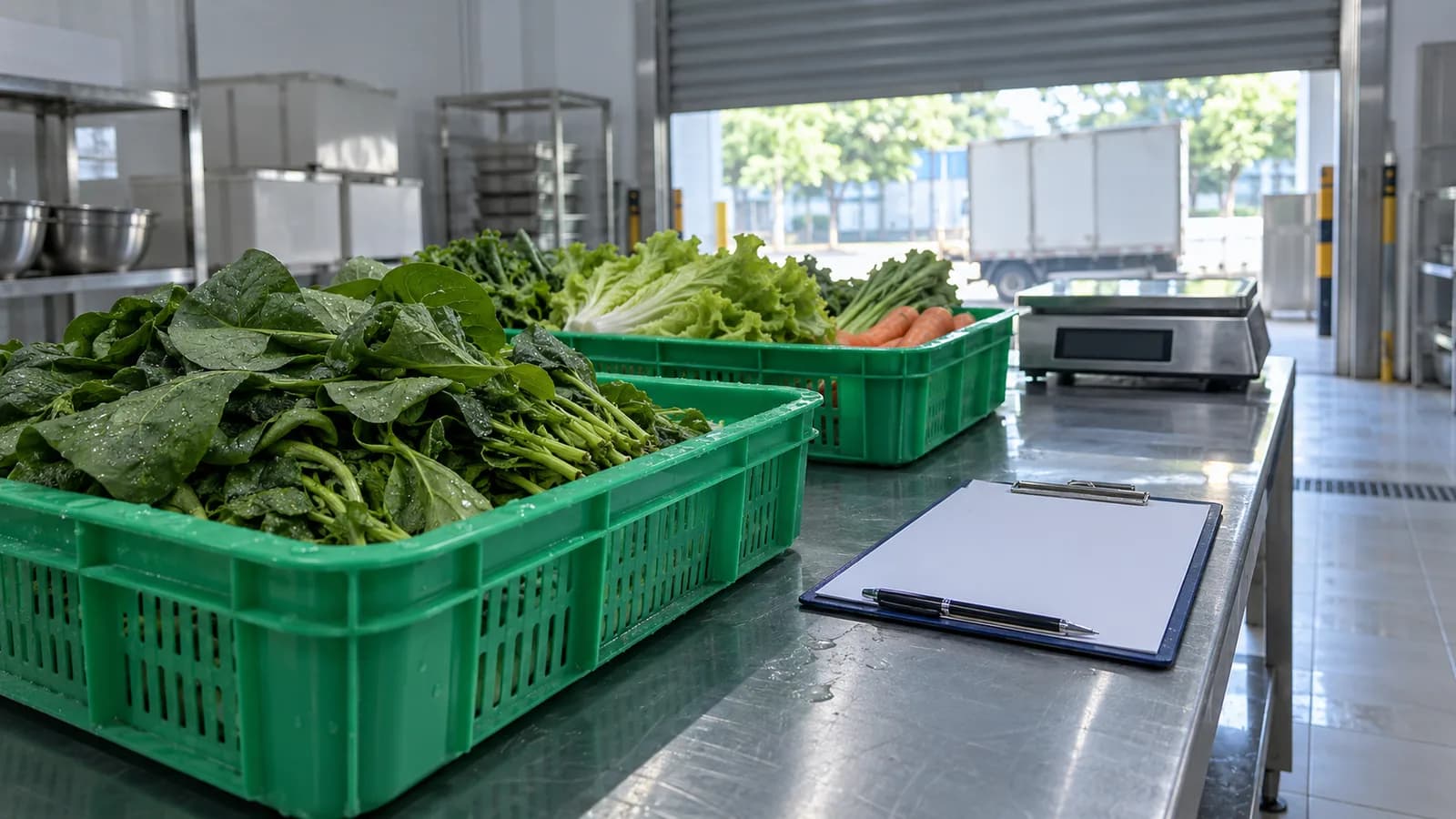 Khay rau củ tươi và sổ ghi chép tại khu tiếp nhận nguyên liệu