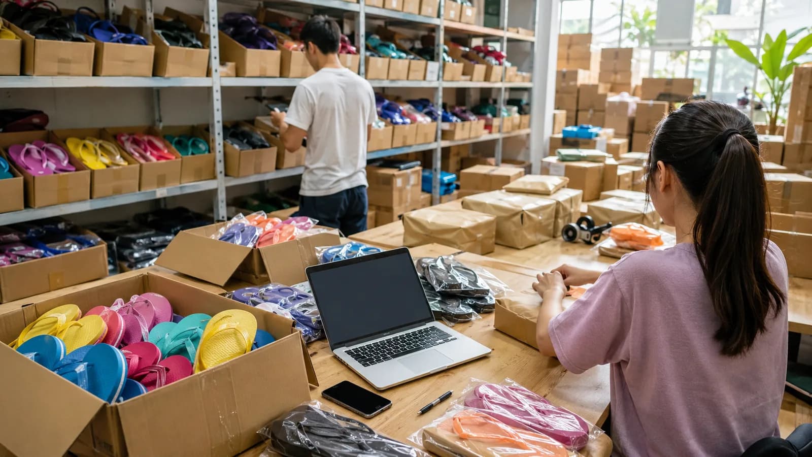 Kho hàng bán trực tuyến chứa nhiều dép xỏ ngón không gắn thương hiệu và các kiện hàng chờ giao