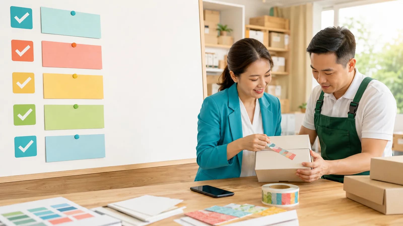 Bảng checklist triển khai tem chống giả bên cạnh bao bì và điện thoại quét mã