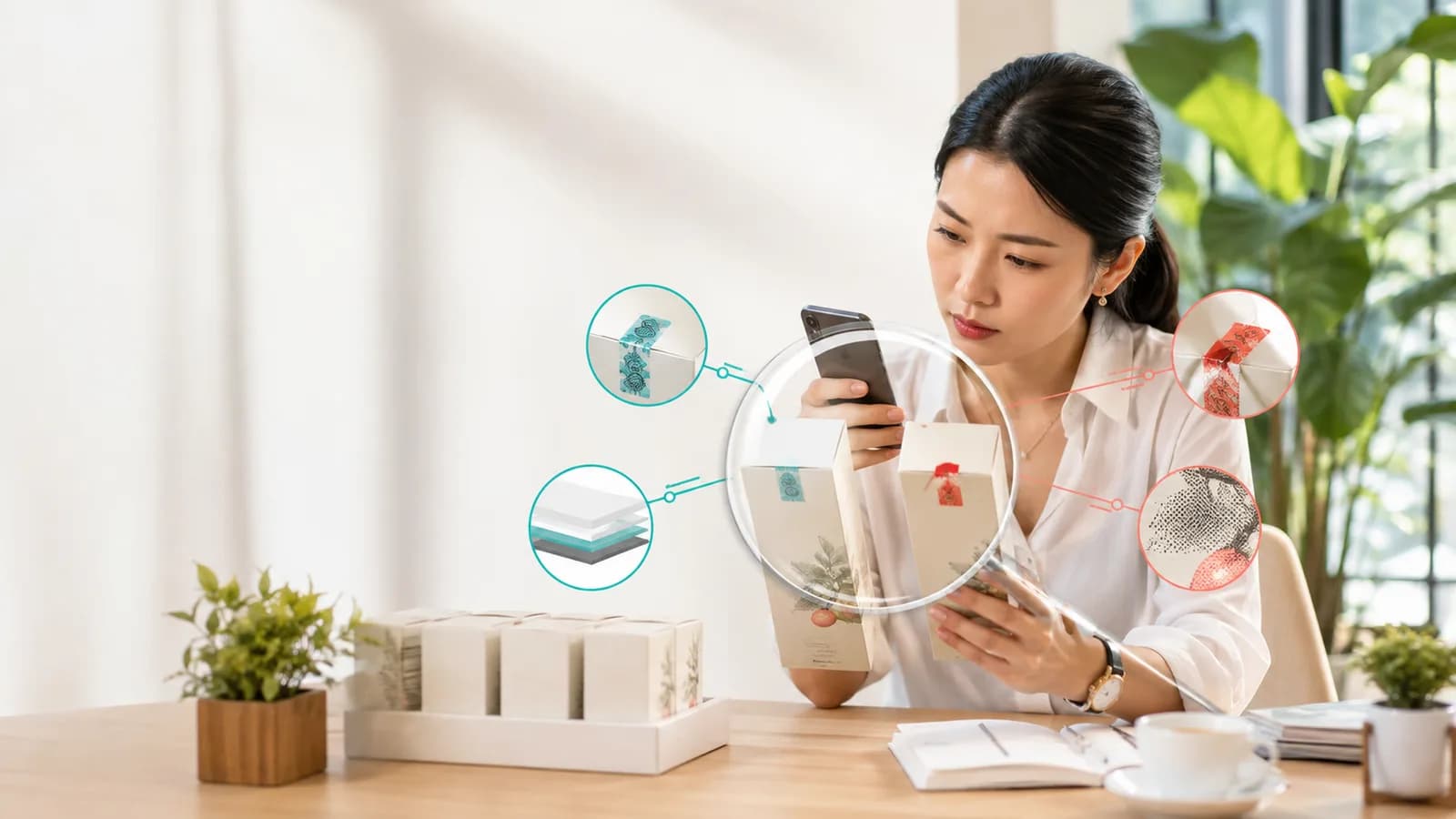 Điện thoại quét mã trên bao bì và hiển thị tín hiệu cần xác minh
