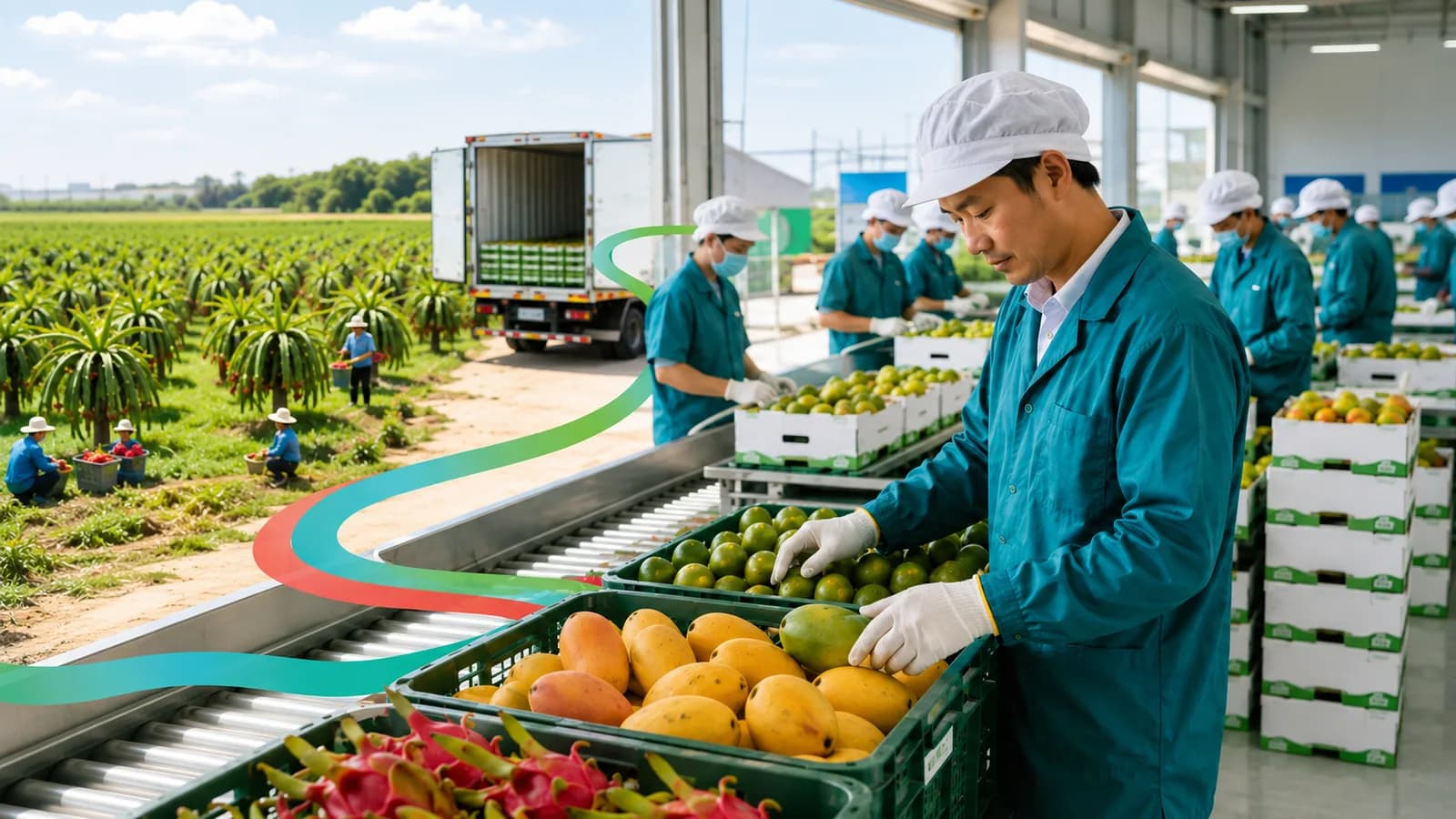 Cơ sở đóng gói nông sản xuất khẩu với khay phân loại và thùng carton chờ dán mã số