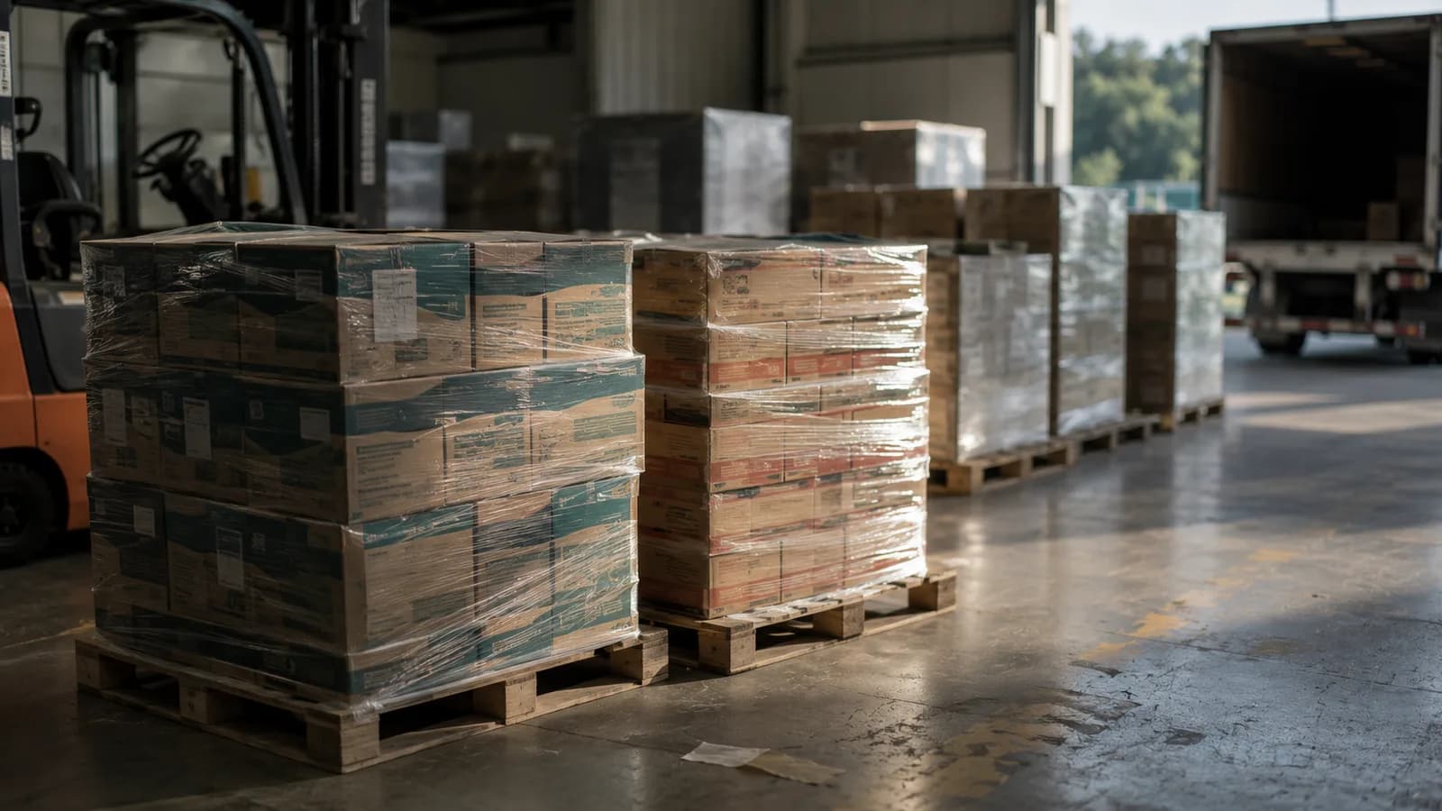 Pallet thùng hàng xếp chờ xuất tại khu vực giao nhận của kho phân phối