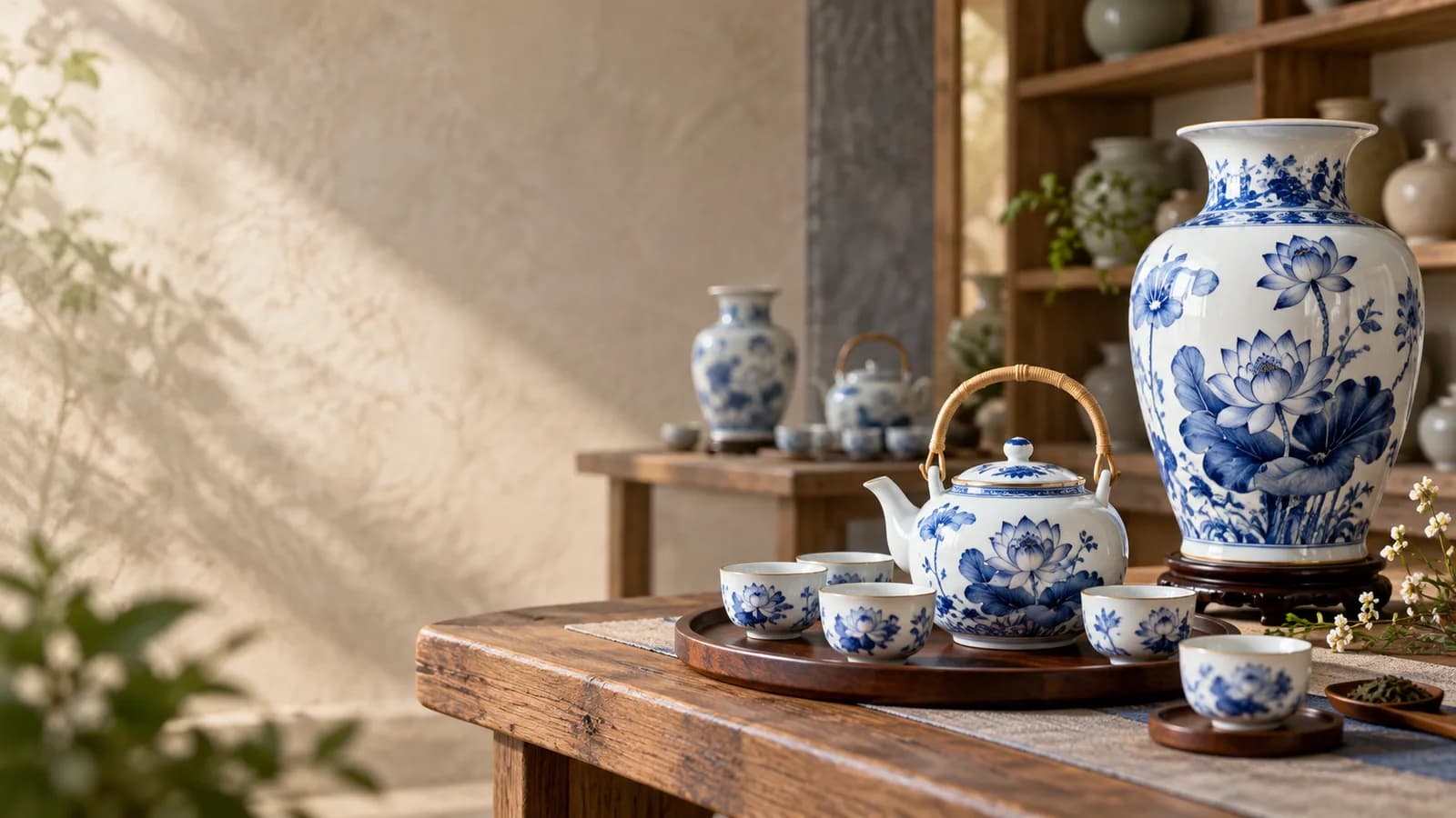 Bộ ấm chén và bình gốm sứ chính hãng trong không gian trưng bày