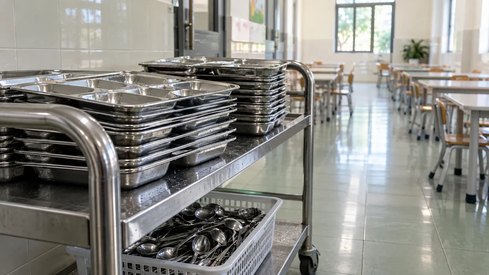Khay suất ăn học đường xếp trên xe đẩy inox tại khu giao nhận