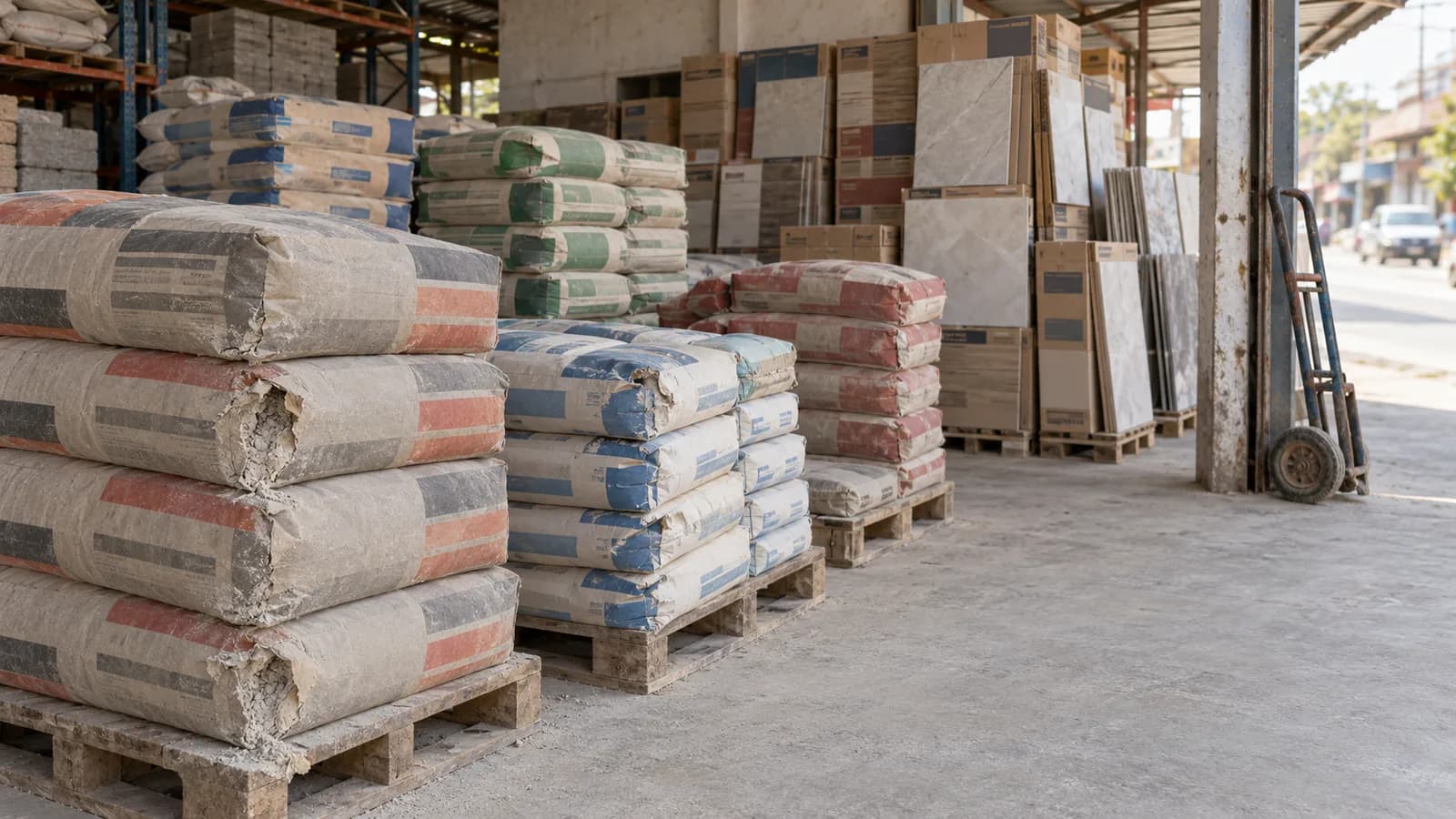 Bao xi măng và thùng gạch xếp trên pallet ở cửa hàng vật liệu