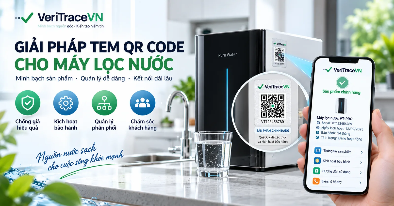 Tem QR Code cho máy lọc nước hỗ trợ xác thực bảo hành quản lý phân phối và chăm sóc khách hàng