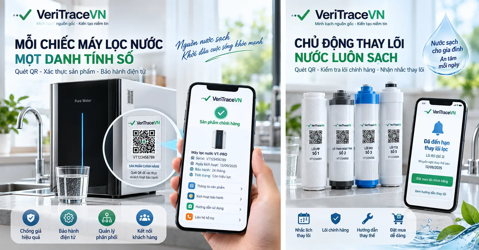 QR Code máy lọc nước hỗ trợ nhắc thay lõi và quản lý dịch vụ hậu mãi