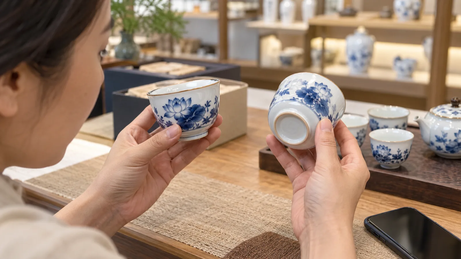 Người mua so sánh hai sản phẩm để nhận biết gốm sứ giả và hàng chính hãng